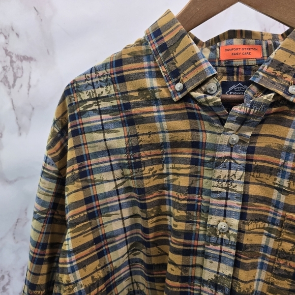 St Johns Bay Shirt Mens XL Brown Plaid Camp Mountain Tree Print Button Down - Picture 2 of 11